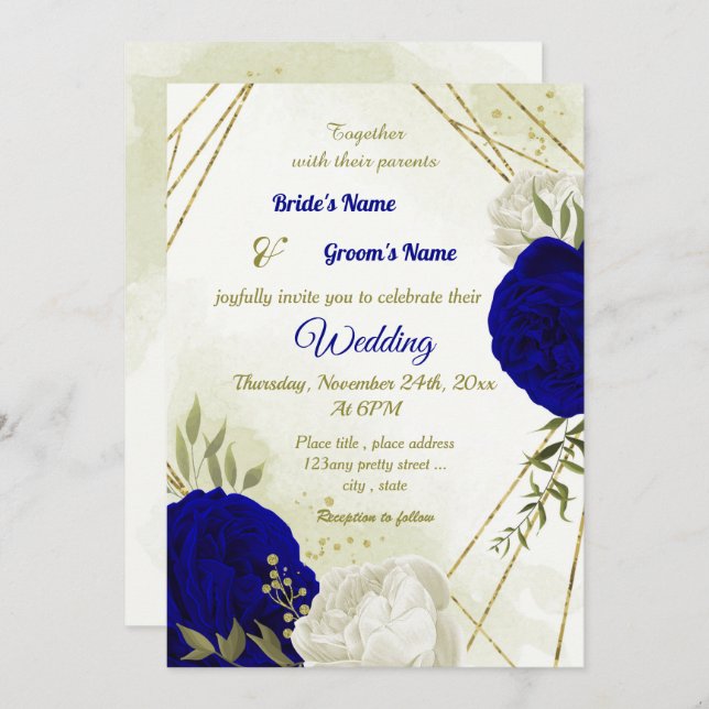 Invitación flores reales azules blancas hojas verdes boda (Anverso / Reverso)