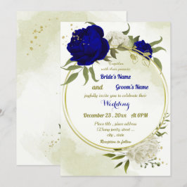 Invitación flores reales azules blancas hojas verdes boda
