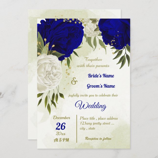 Invitación flores reales azules blancas hojas verdes boda (Anverso / Reverso)