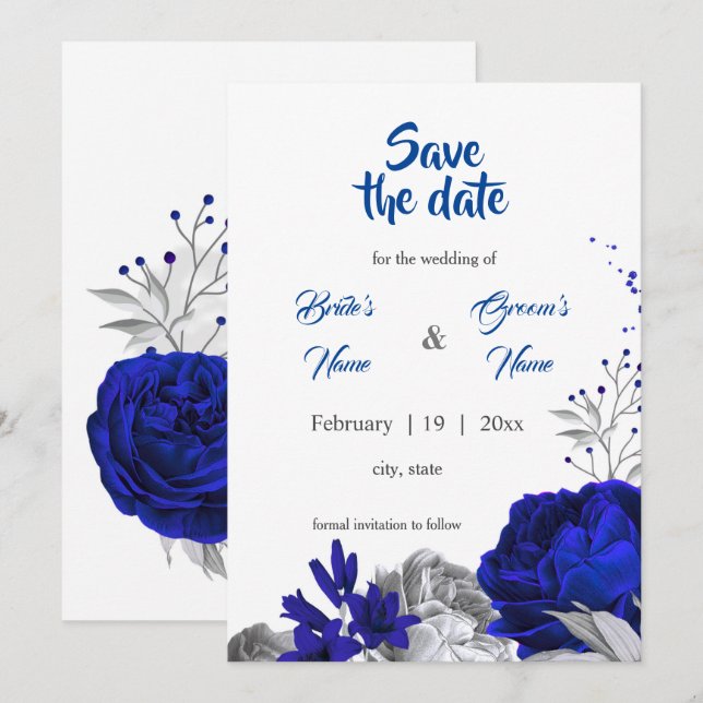 Invitación flores reales azules plateadas botánicas salvar la (Anverso / Reverso)