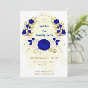 Invitación flores reales azules y blancas cumpleaños de oro
