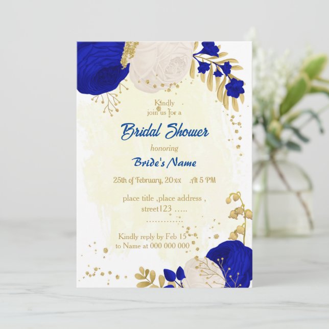 Invitación flores reales azules y blancas oro ducha de novia (Anverso de pie)
