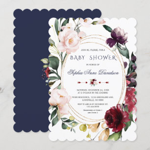 Invitación Flores Reales Borgoña Rubor Azul Oro Boda