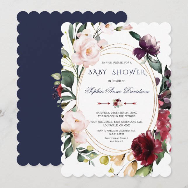 Invitación Flores Reales Borgoña Rubor Boda Azul Oro (Anverso / Reverso)