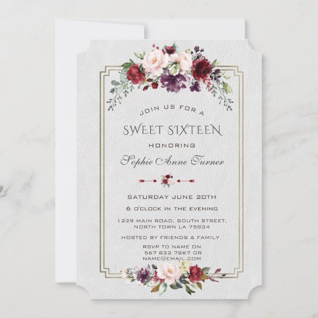 Invitación Flores reales de Borgoña Marco dorado dulce Diecis (Anverso)