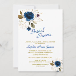 Invitación Flores reales de oro azul Monograma ducha de novia