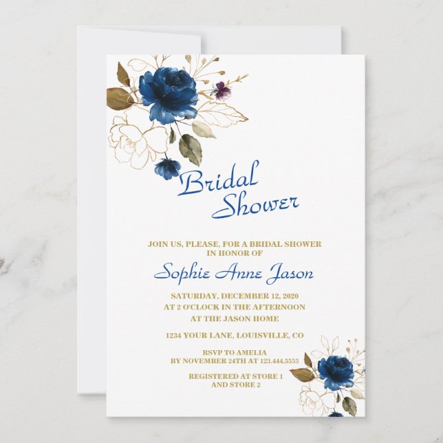 Invitación Flores reales de oro azul Monograma ducha de novia (Anverso)