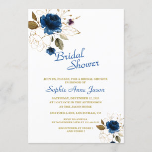 Invitación Flores reales de oro azul Monograma ducha de novia