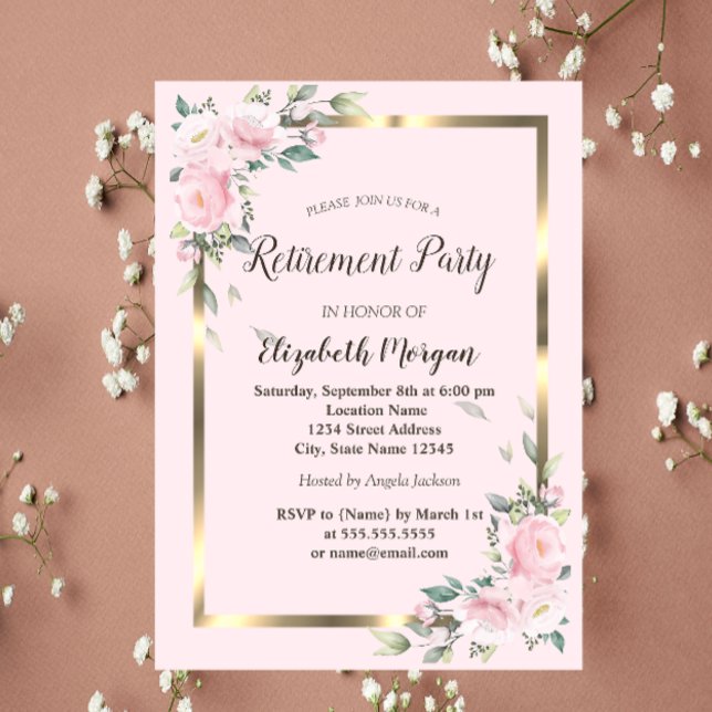 Invitación Flores Retirada rosa del marco dorado (Subido por el creador)