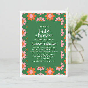 Invitación Flores Retro Adorables Verde Rosa Baby Shower