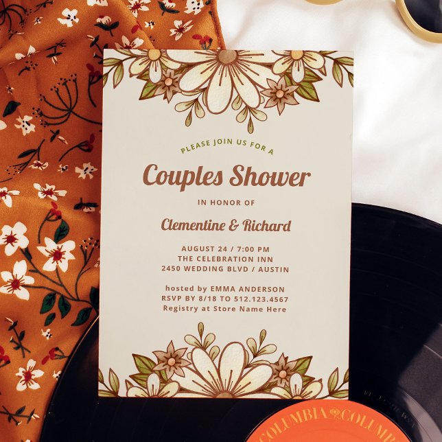 Invitación Flores retro Boho | Ducha de pareja (A retro and vintage style bridal shower invitation)