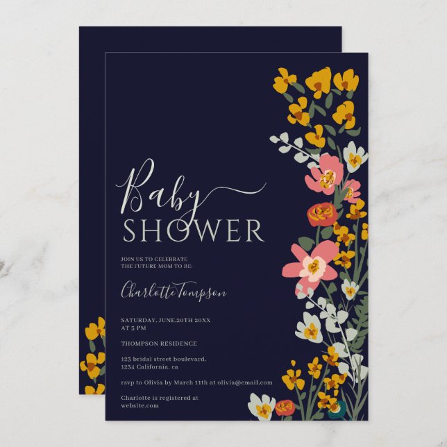 Invitación Flores retro de otoño modernas ducha de bebé azul  (Anverso / Reverso)