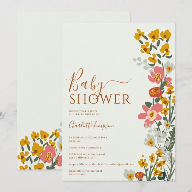 Invitación Flores retro de otoño modernas ducha de bebé verde (Anverso / Reverso)