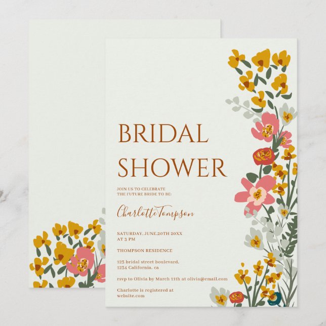 Invitación Flores retro de otoño modernas ducha de novia verd (Anverso / Reverso)