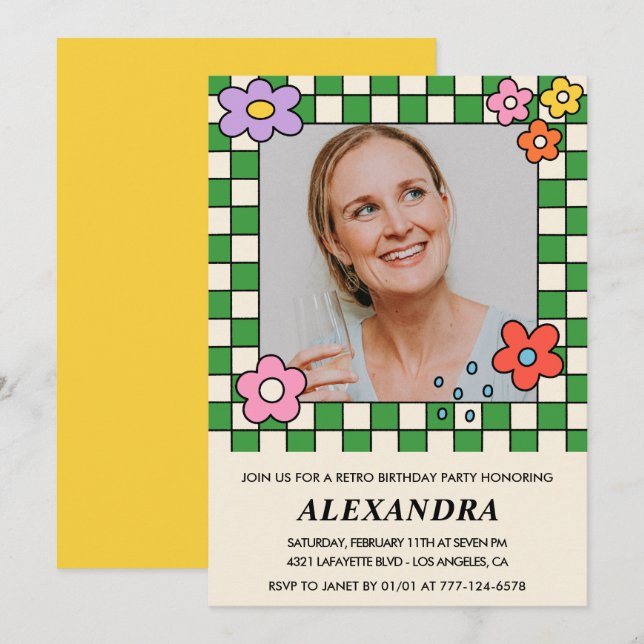 Invitación Flores retro foto groovy cumpleaños 49 (Anverso / Reverso)