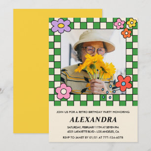 Invitación Flores retro foto groovy cumpleaños 93
