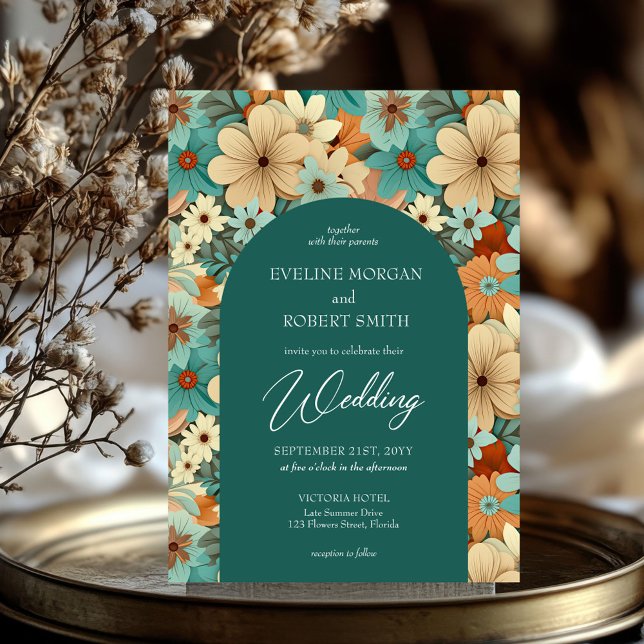 Invitación Flores retro groovía turquesa crema pálida naranja (turquoise cream pale orange retro groovy flowers wedding invitation)