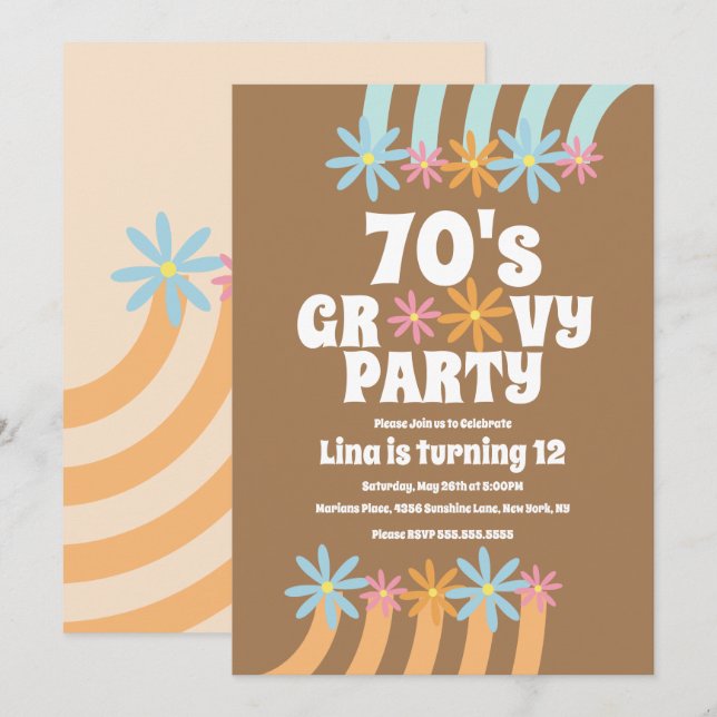 Invitación Flores Retro Groovy Cumpleaños Adolescente (Anverso / Reverso)