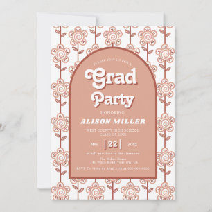 Invitación Flores retro groovy de terracota años 70 Graduació