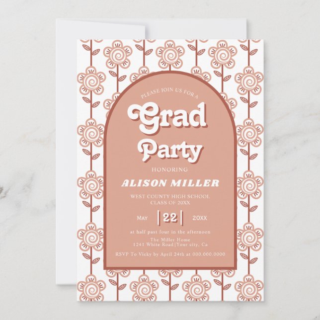 Invitación Flores retro groovy de terracota años 70 Graduació (Anverso)