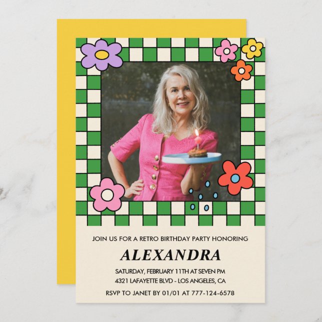 Invitación Flores retro Groovy Foto 73 cumpleaños (Anverso / Reverso)