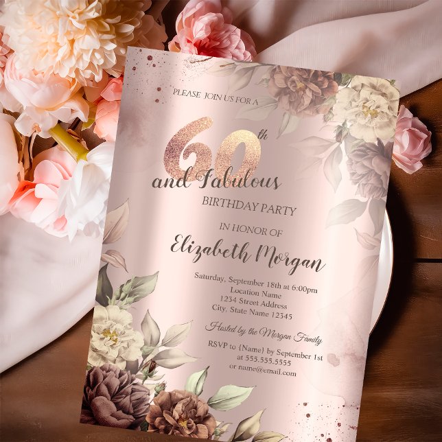 Invitación Flores Retro Rosa Dorado Cumpleaños 60 (Subido por el creador)