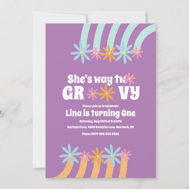 Invitación Flores Retro Way Dos Cumpleaños Groovy    (Anverso)