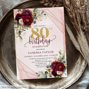 Invitación Flores roánticas de oro blanco de Marsala 80º cump