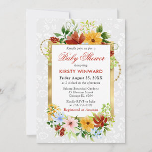 Invitación Flores Rojas, Amarillas y Azules Baby Shower Dorad