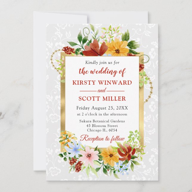 Invitación Flores Rojas, Amarillas y Azules Boda de Oro (Anverso)