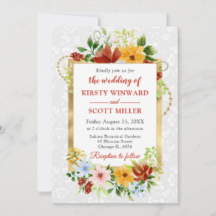 Invitación Flores Rojas, Amarillas y Azules Boda de Oro