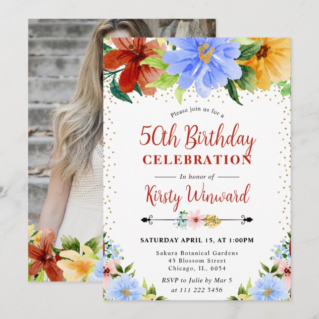 Invitación Flores Rojas, Amarillas y Azules Cumpleaños 50 (Anverso / Reverso)