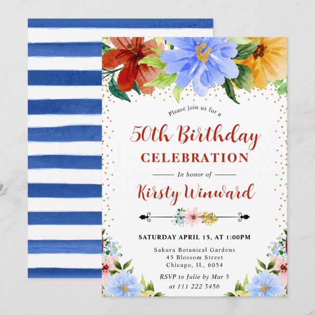 Invitación Flores Rojas, Amarillas y Azules Cumpleaños 50 (Anverso / Reverso)