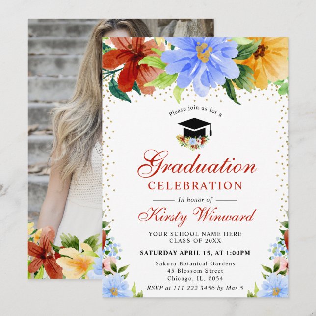 Invitación Flores Rojas, Amarillas y Azules Foto de Graduació (Anverso / Reverso)