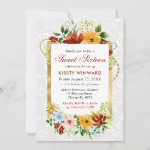 Invitación Flores Rojas, Amarillas y Azules Gold Sweet 16
