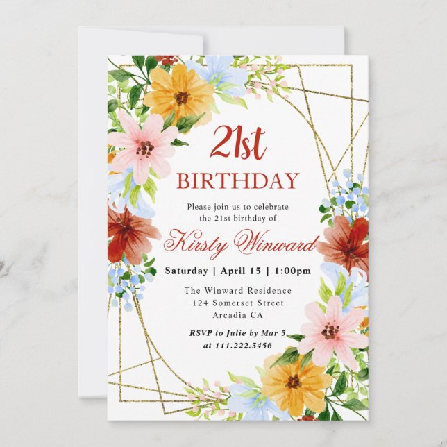 Invitación Flores rojas, amarillas y azules marco cumpleaños  (Anverso)