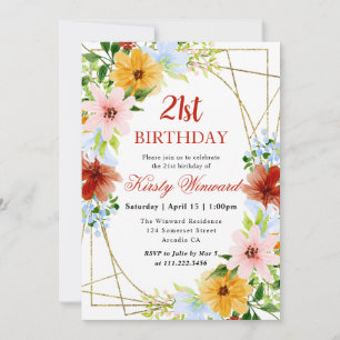 Invitación Flores rojas, amarillas y azules marco cumpleaños 