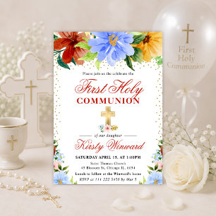 Invitación Flores Rojas, Amarillas y Azules Primera Comunión