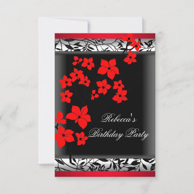 Invitación Flores rojas asiáticas elegantes blancas negras (Anverso)