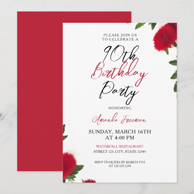 Invitación Flores rojas audaces feministas 90 cumpleaños (Anverso / Reverso)
