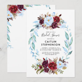 Invitación Flores rojas azul y borgoñona, ducha de novia