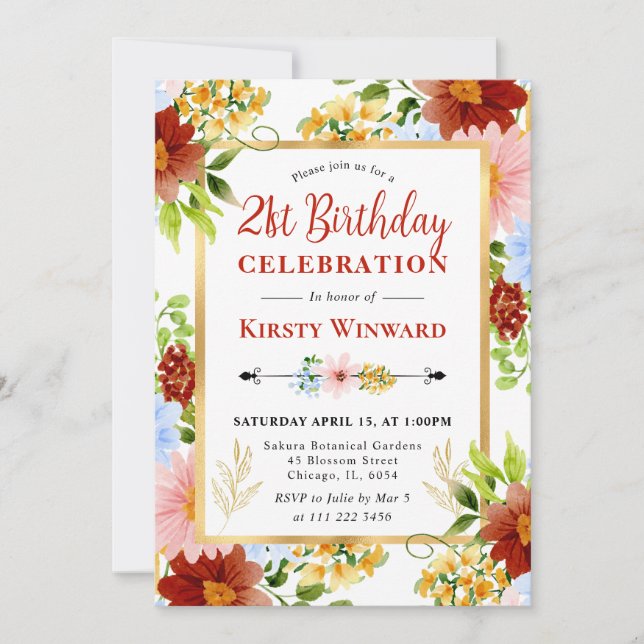 Invitación Flores Rojas, Azules y Amarillas Cumpleaños 21 (Anverso)