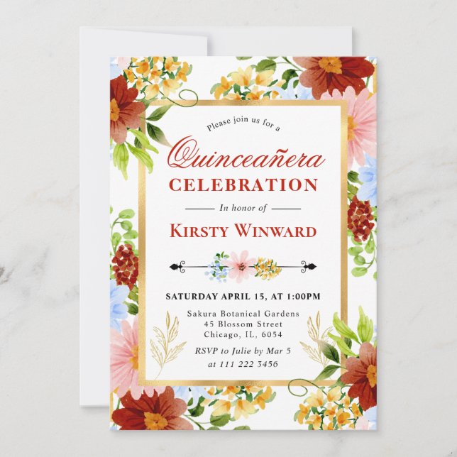 Invitación Flores Rojas, Azules y Amarillas Quinceañera (Anverso)