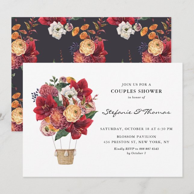 Invitación Flores rojas Balón de aire caliente Ducha Parejas (Anverso / Reverso)