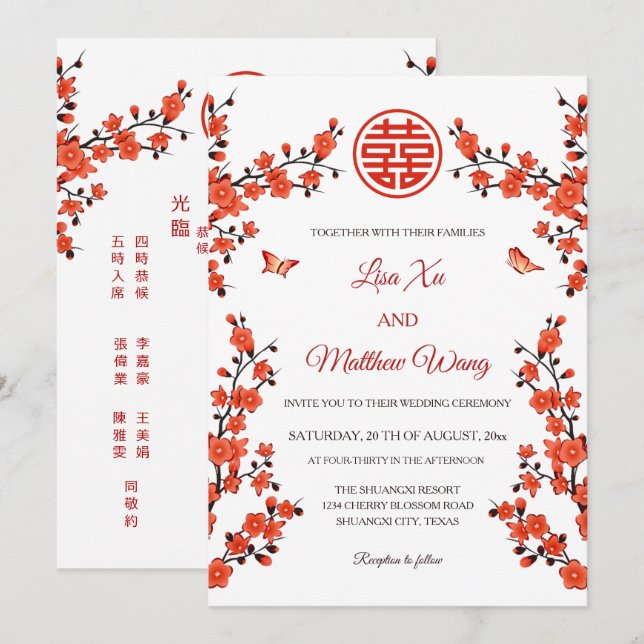 Invitación Flores Rojas Bilingües | Boda China (Anverso / Reverso)