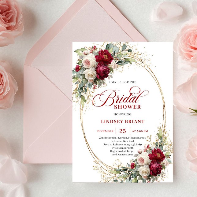 Invitación Flores Rojas Blancas Bohemias Ducha de Oro (Bohemian Red White Flowers Gold Shower)