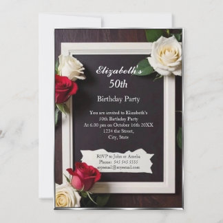 Invitación Flores rojas blancas elegantes cumpleaños moderno
