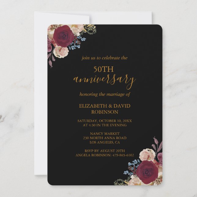 Invitación Flores rojas boda del 50 aniversario negro (Anverso)
