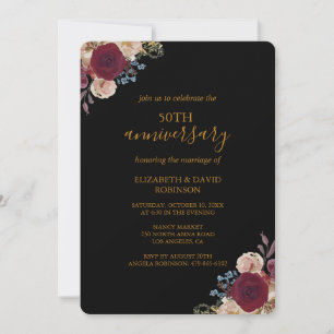Invitación Flores rojas boda del 50 aniversario negro