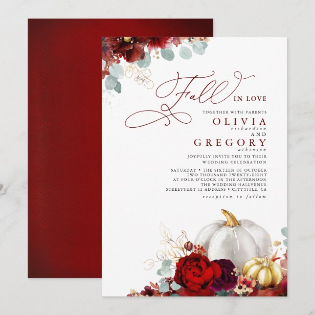 Invitación Flores Rojas Borgoña Calabazas De Oro Caen Boda (Anverso / Reverso)